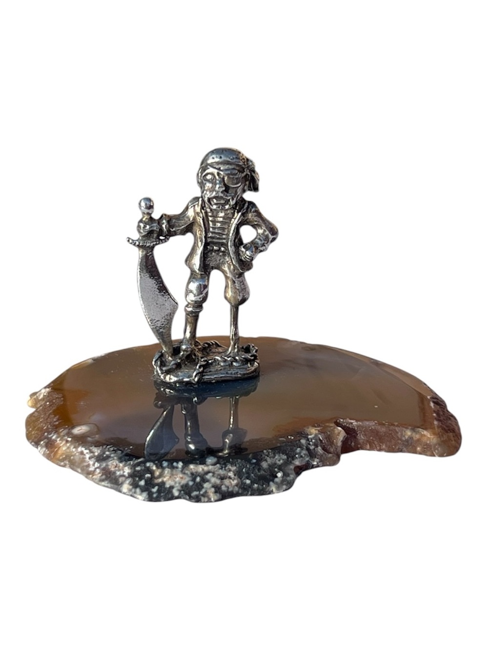 Silver Pirate Pewter Figurine on Brown Agate Accent - Home Accents